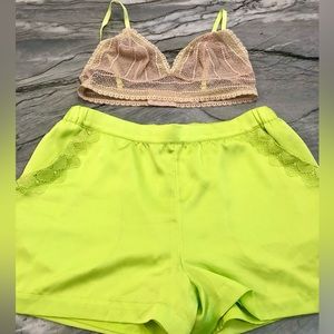 Guess Beige and Neon Green Lace Bralette and Shorts Set